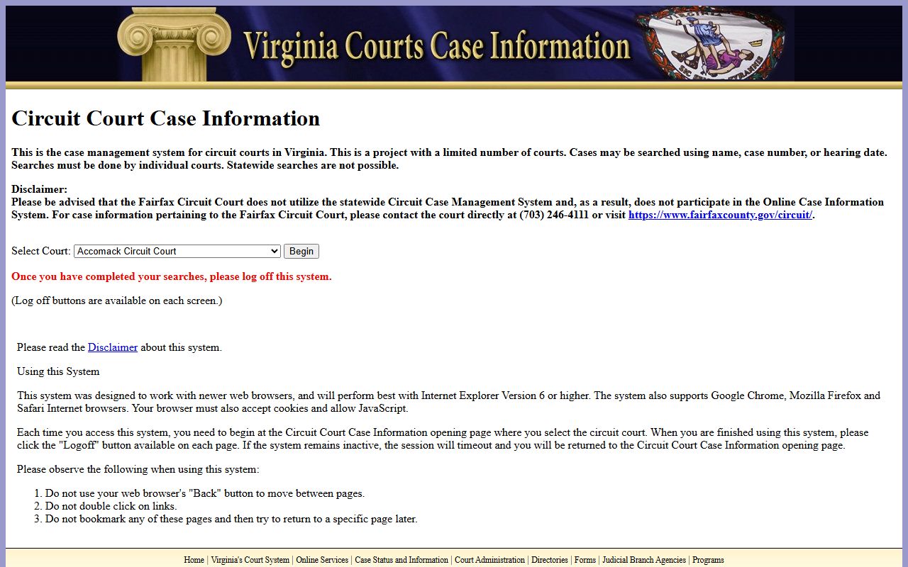 Accomack County Circuit Court case information search portal