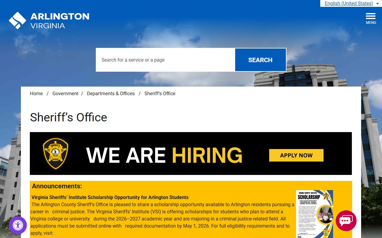 Arlington County Sheriff's Office website for criminal records and arrest information