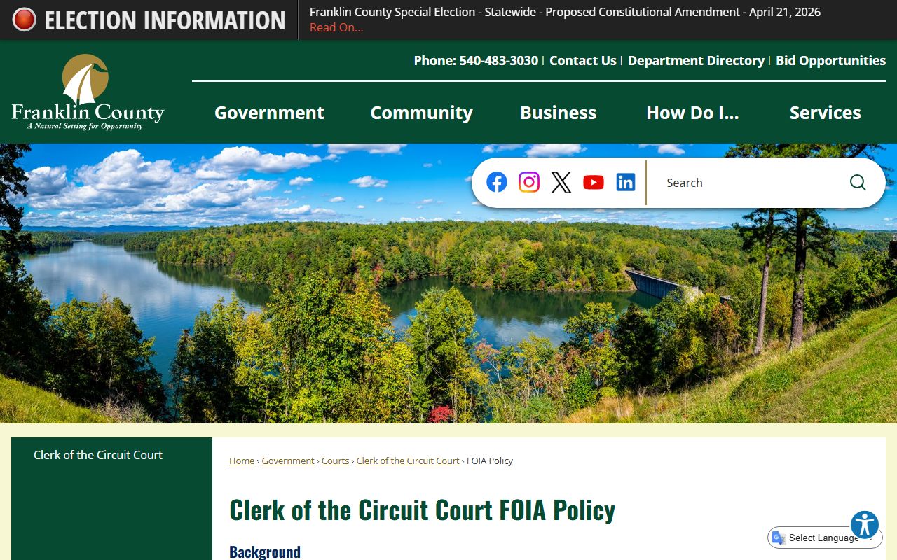 Franklin County Circuit Court Clerk FOIA policy page for criminal court records requests