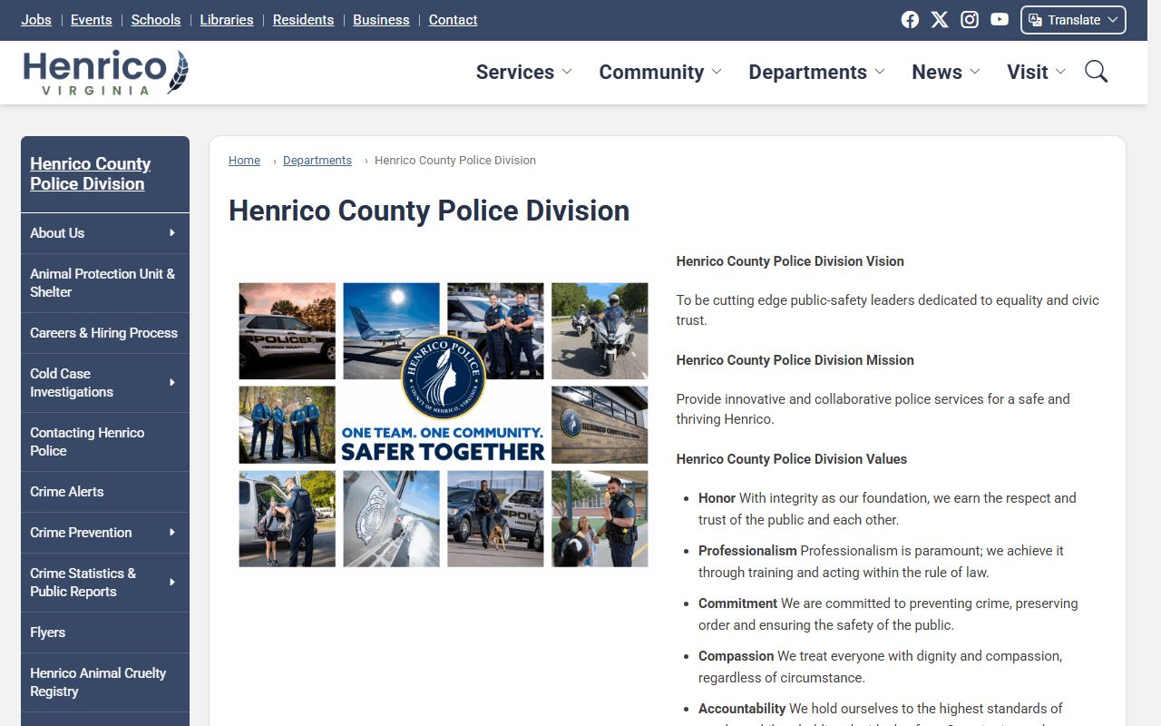 Henrico County Police Department website showing criminal records resources