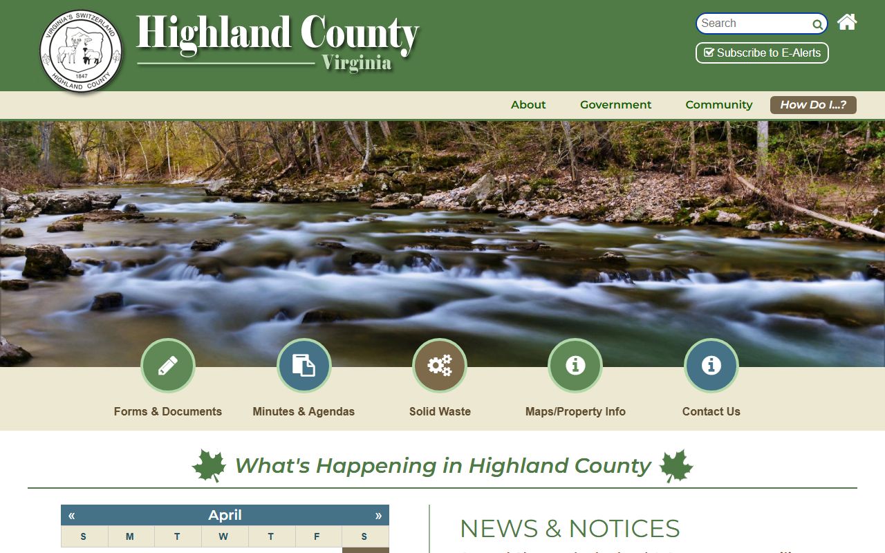 Highland County Government website showing county resources for criminal court records