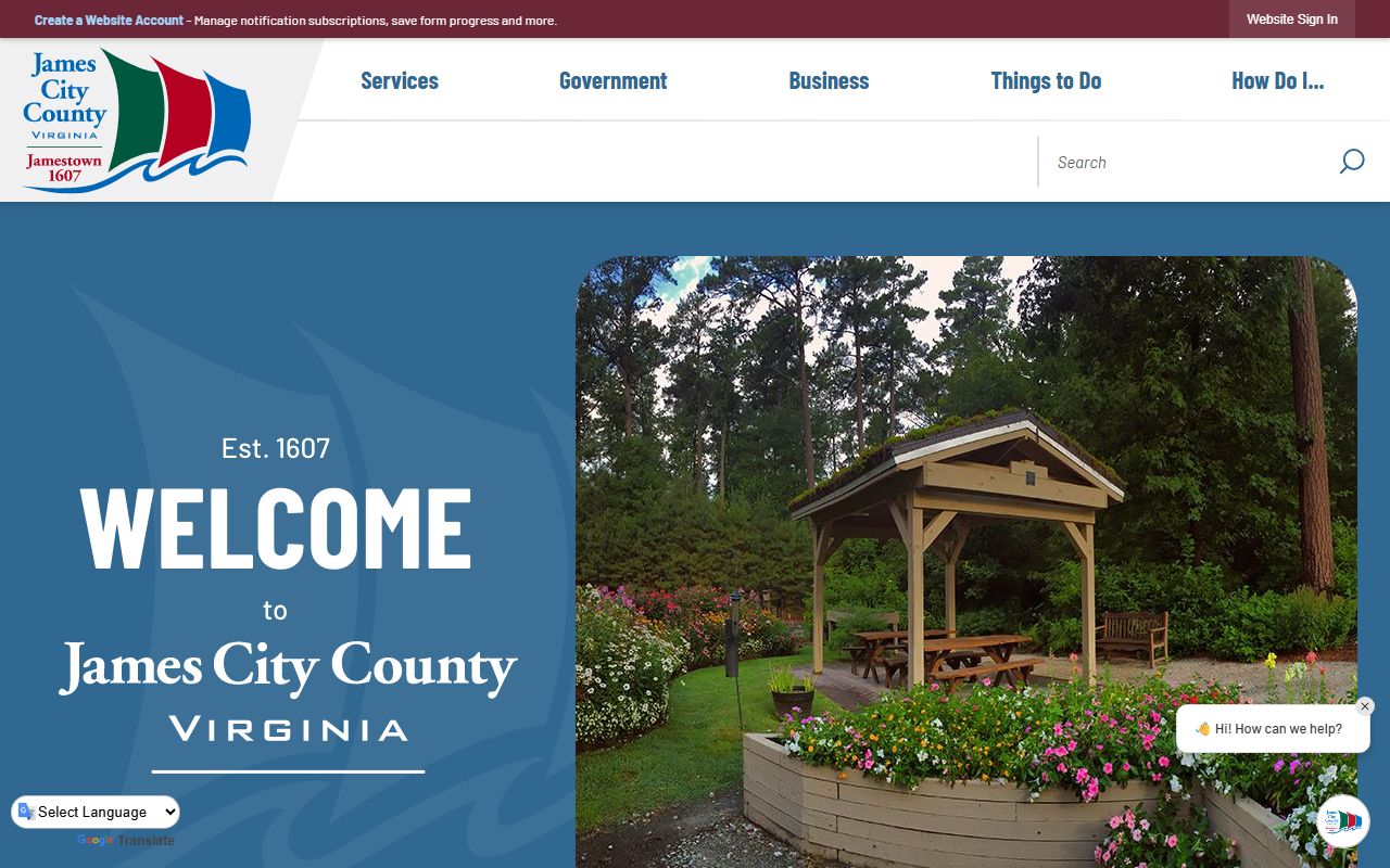 James City County Government website showing county resources for criminal court records