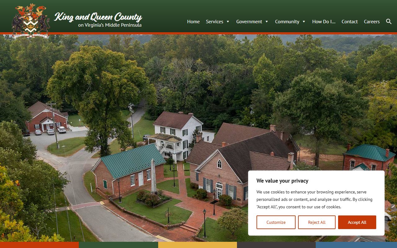 King and Queen County Government website showing county resources for criminal court records access
