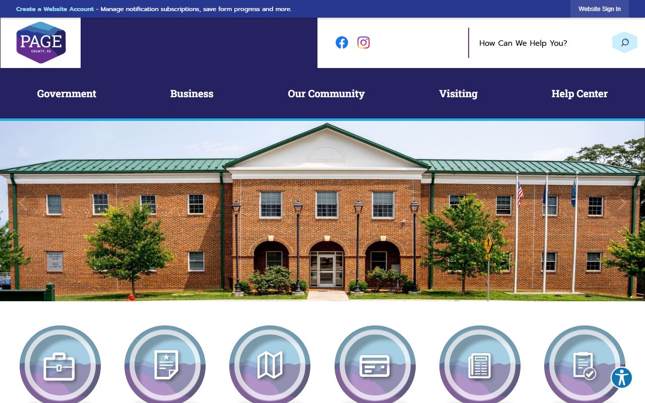 Page County Virginia government website showing access to criminal court records and Circuit Court Clerk resources