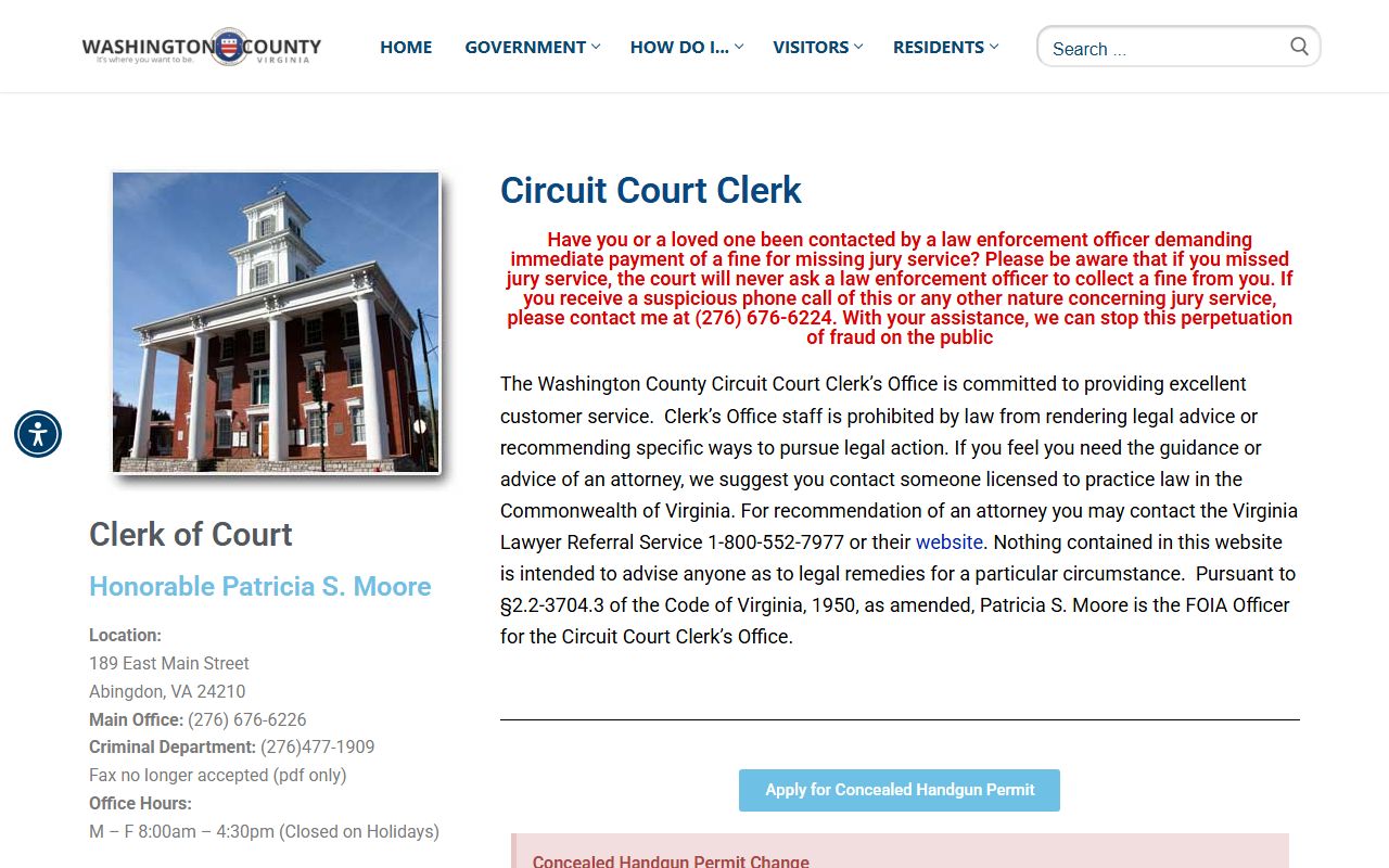 Washington County Circuit Court Clerk website showing criminal court records information