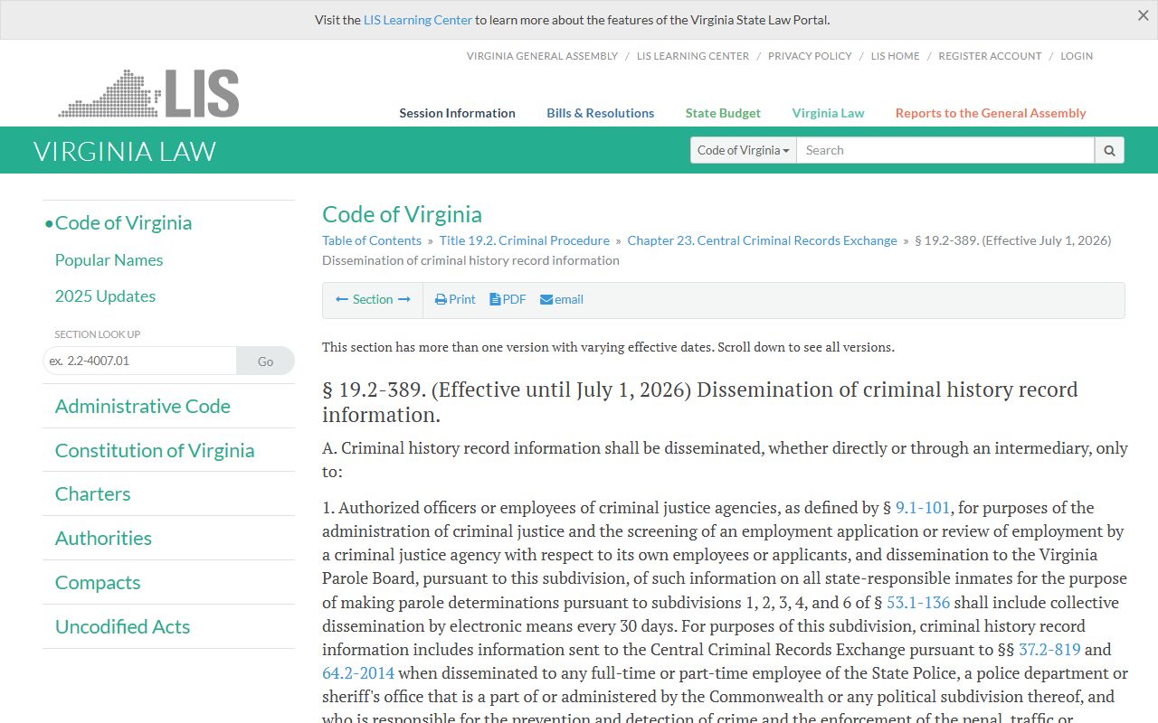 Virginia criminal court records - Virginia Code § 19.2-389 criminal history records