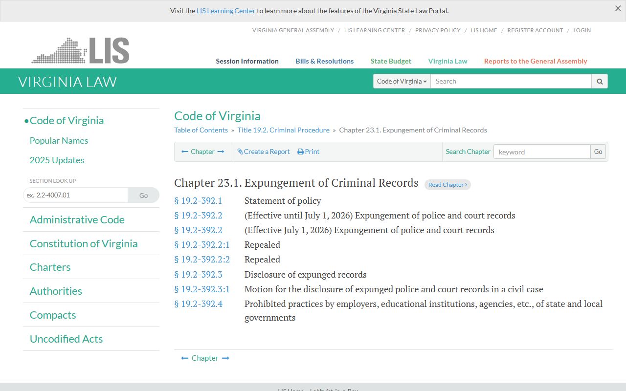 Virginia criminal court records - Virginia record sealing laws Chapter 23.1