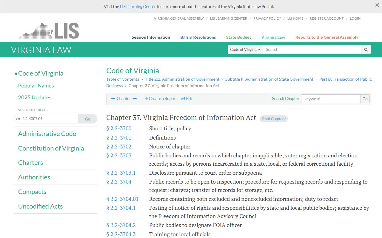 Virginia criminal court records - Virginia FOIA Code § 2.2-3700